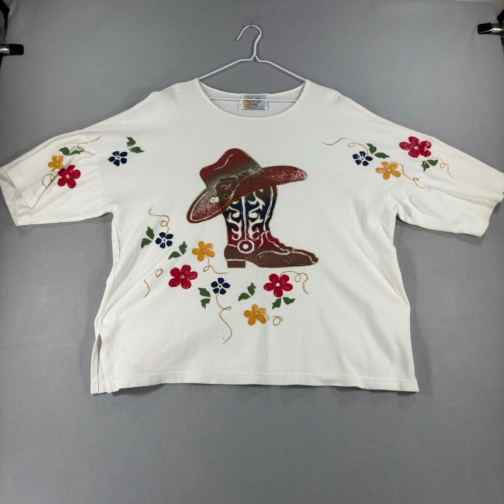 Vintage Copa Cabana White Cowboy Boot Hat Floral Graphic Top Made in USA